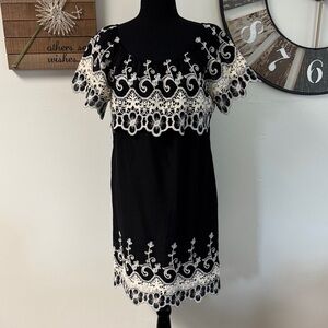 Sz S Fever over the shoulder black and white embroidered dress. Lined. NWT CUTE!
